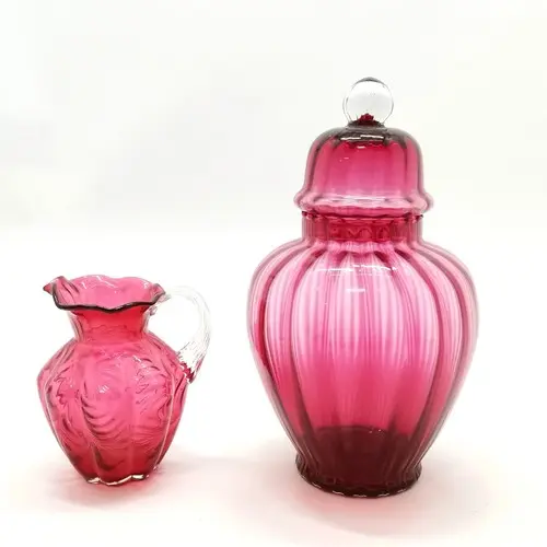 2 x cranberry glass - lidded jar (27cm high) & small jug