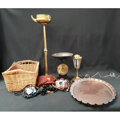 BRASS ASHTRAY, OTHER METALWARE, AND A VINTAGE CAMERA the fre...