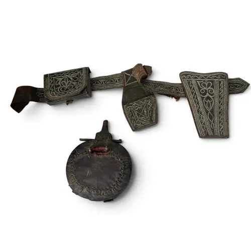 AN OTTOMAN FLASK AND TWO MOROCCAN BELTS