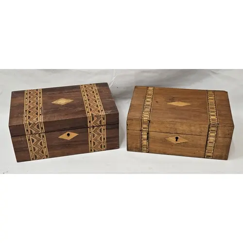 2 Antique Work Boxes, both with tunbridge ware style banding...