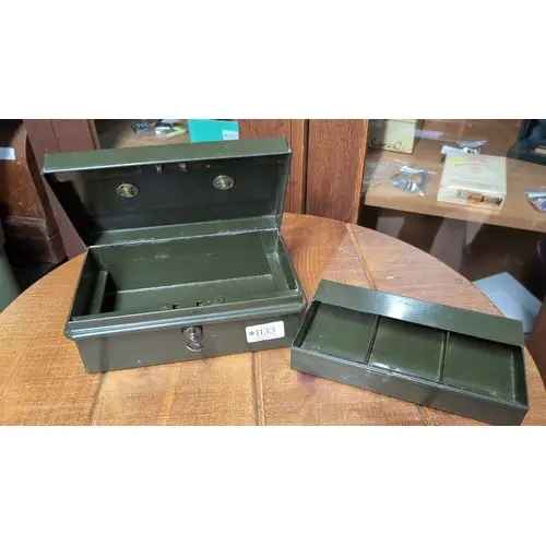 Green-painted metal cash box with a hinged lid, brass-toned ...