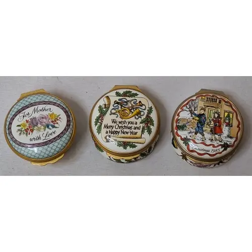 3 Vintage Enamel Halcyon Days Trinket/Pill Pots, musical, Ch...