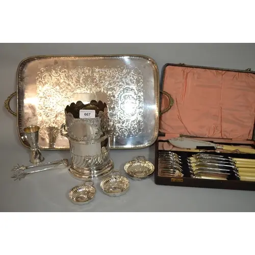 Rectangular plated two handled tray, a plated bottle coaster...