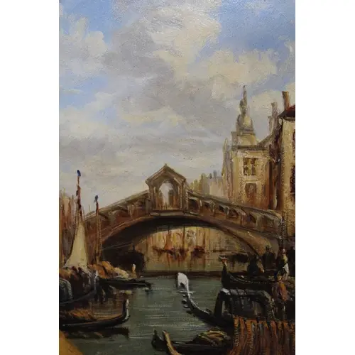 19th Century oval oil on panel, Venetian canal scene, 26 x 2...
