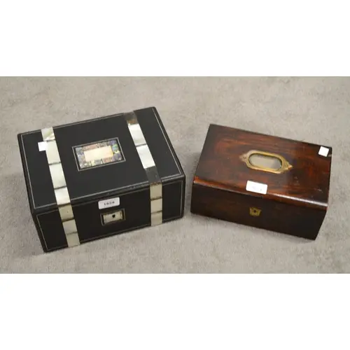 19th Century ebonised mother of pearl inlaid workbox, togeth...