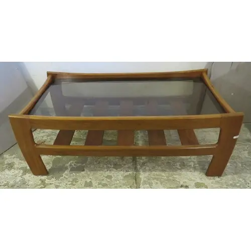 Mid Century Teak Ercol Coffee Table, glass top, slatted unde...