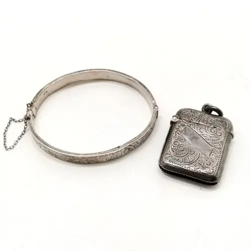 Antique silver vesta case with engraved detail t/w silver ba...