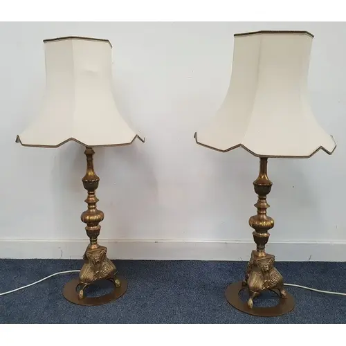 PAIR OF VINTAGE BRASS TABLE LAMPS each with knopped baluster...