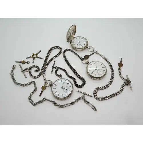 Two silver open face pocket watches with fob chains, dated L...