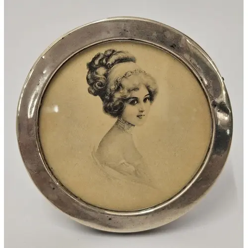 Circular Hallmarked Silver Picture Frame enclosing black & w...