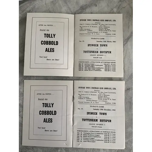 62/63 Ipswich Town v Tottenham Postponed Football Programme:...