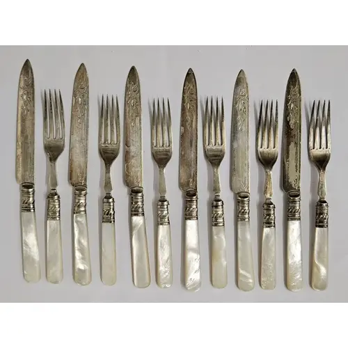 Set of 6 Antique Silver Plated Mother of Pearl Handled Fruit...
