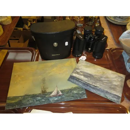 Pentax Binoculars and 2 Shipping Paintings by R M Smith