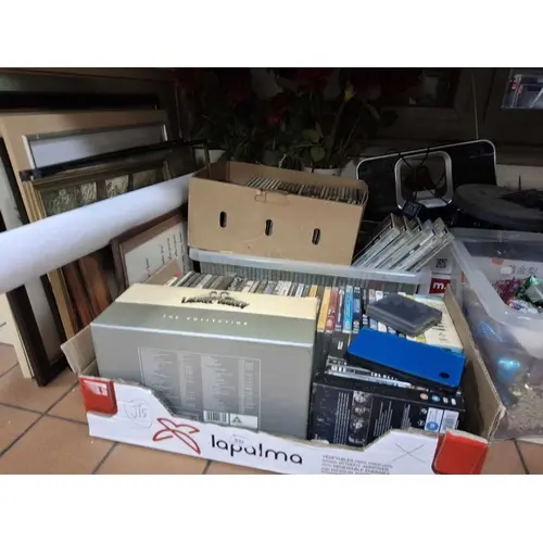 SEVEN BOXES OF MISCELLANEOUS ITEMS to include a box of DVDs ...