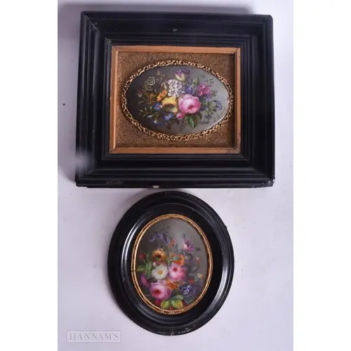 Paris porcelain plaque painted in full with flowers on an ov...
