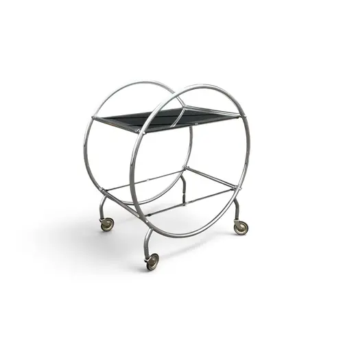 AN ART DECO CHROME AND GLASS DRINKS TROLLEY With circular fr...