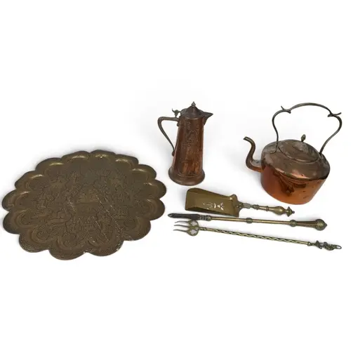 AN ART NOUVEAU COPPER KETTLE BY JOSEPH SANKEY AND SONS TOGET...