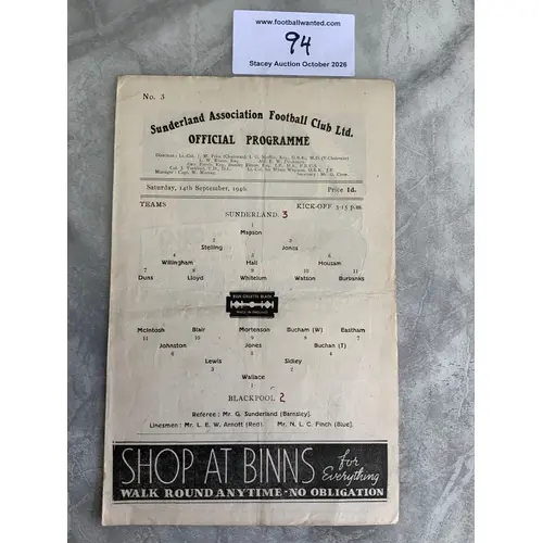 46/47 Sunderland v Blackpool Football Programme: Four page g...