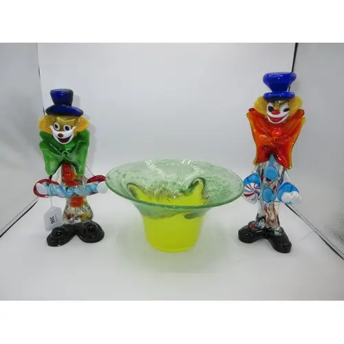 Two Glass Clowns and a Coloured Glass Bowl (3)