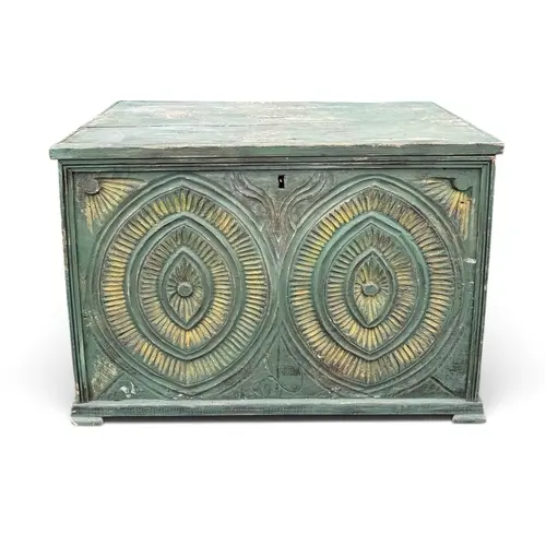 AN INDIAN GREEN PAINTED PINE CHEST 76cm x 46cm 52.5cm...