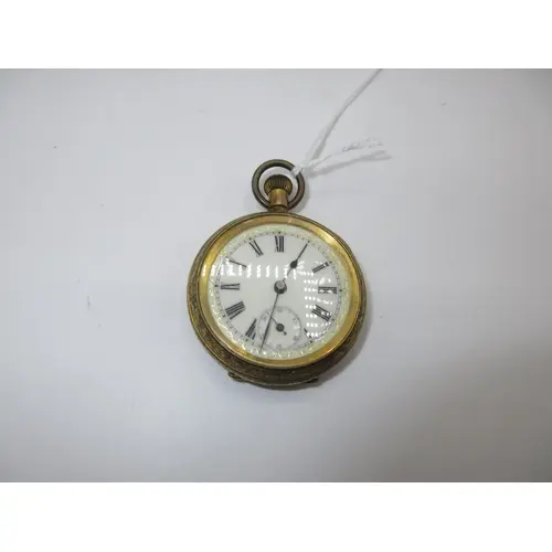 Gold Plated Open Face Pocket Watch having an Ornately Decora...