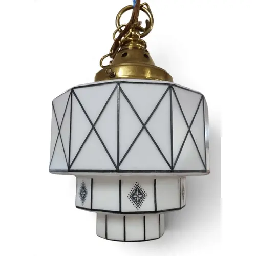 A superb Art Deco geometric pendant light, featuring a hand-...