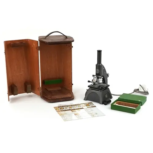 C Baker of London, vintage microscope with glass slides and ...