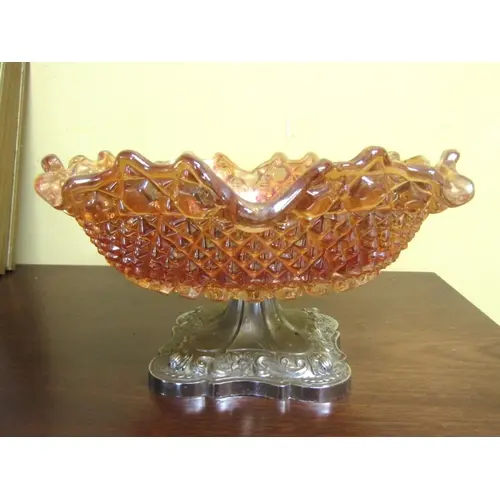 Vintage Carnival Ware Glass Bowl on Silver Plated Pedestal S...