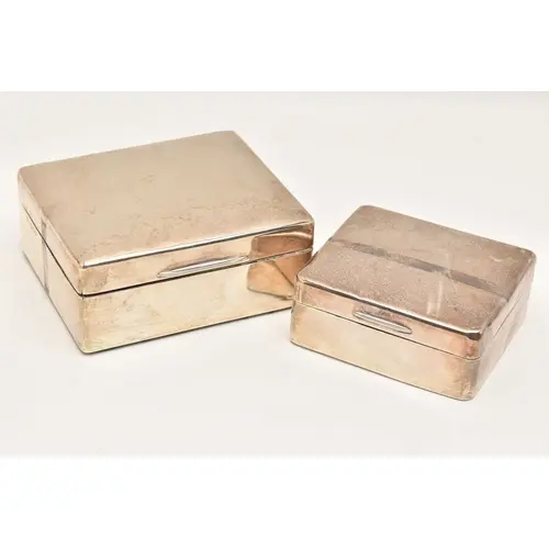TWO SILVER CIGARETTE BOXES, each of square form, polished de...