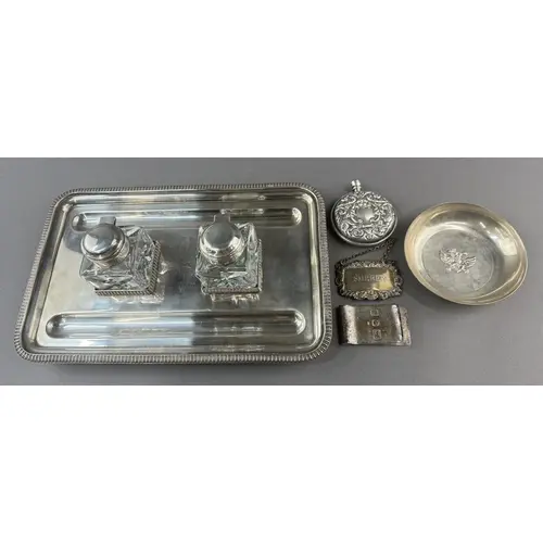 Silver & Plate: a plated double inkwell standish, engrav...