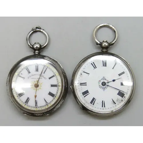 Two silver fob watches - .800 and .935, 89g total