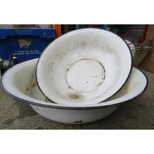 Pair White Vintage Enamel Bowls, largest approx. 60cm dia.