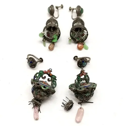2 x Antique pairs of Chinese silver & enamel filigree screw ...