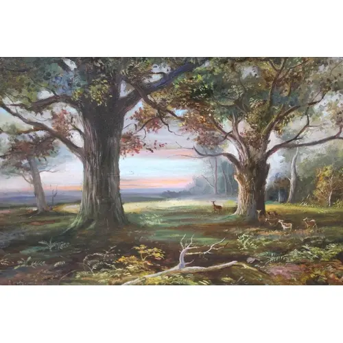 Robert Dumont Smith, oil on board, deer in a landscape at su...