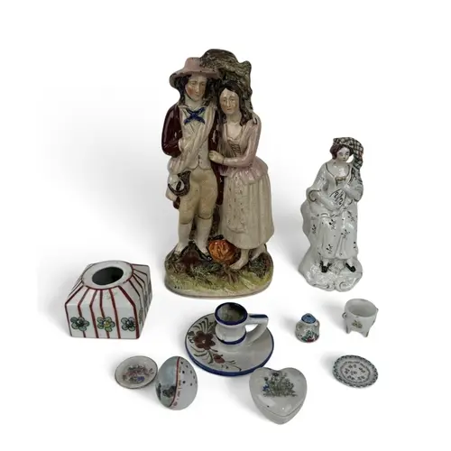 TWO STAFFORDSHIRE FIGURES AND OTHER CERAMICS Largest 26cm H...
