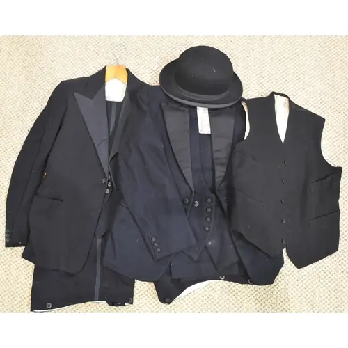 A Freezafit bowler hat, 20 x 16cm, two black serge 3-piece e...