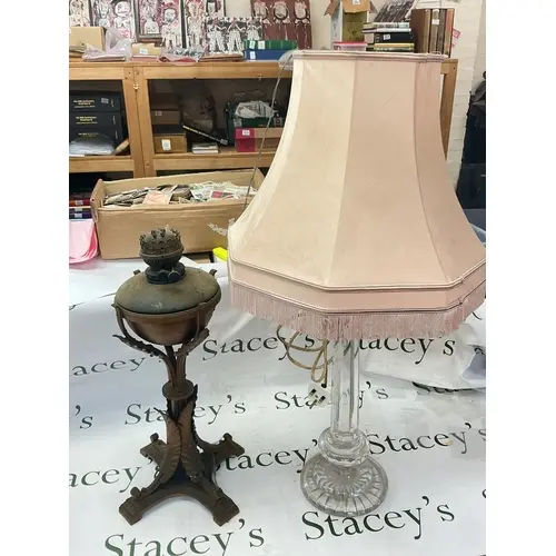 Art Nouveau copper and cast iron table oil lamp and a v...