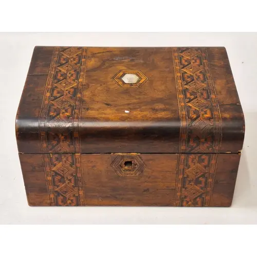 Wooden Kerb Topped Workbox with Tonbridge ware geometric ban...
