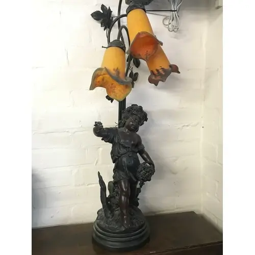 Art Nouveau-style figural table lamp featuring a bronzed met...
