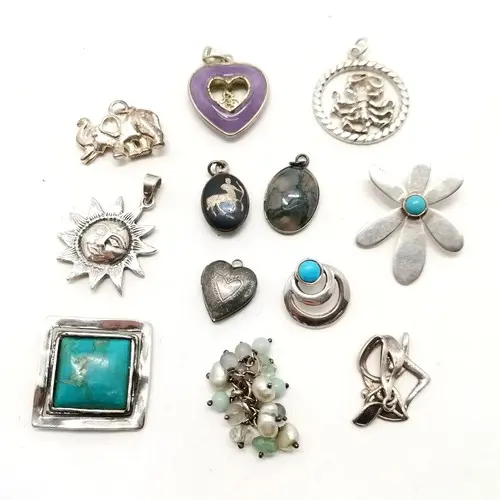 12 x silver pendants inc elephant, sun, lavender heart, ston...