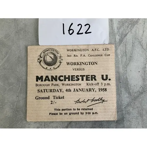 57/58 Workington v Manchester United FA Cup Football Ticket:...