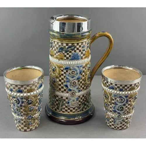 Ceramics: Doulton Lambeth- a silver mounted lemonade jug, Sh...