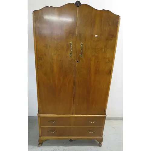 Antique Art Deco Burr Walnut Double Wardrobe, 2 drawers to b...