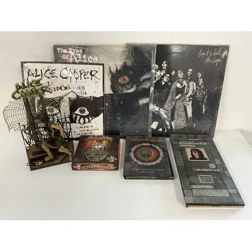 Two Alice Cooper LPs and a 10” EP plus a CD long box and Ali...