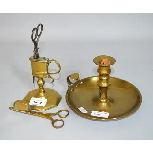 18th Century brass snuffer stand, together with a brass cand...