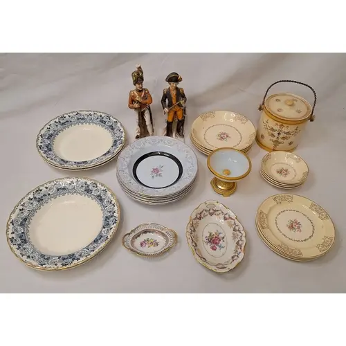 Gilt & Opaline Glass Small Tazza, 2 figurines military gentl...