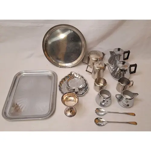 Vintage Tray with sunburst design, stainless steel tea set i...