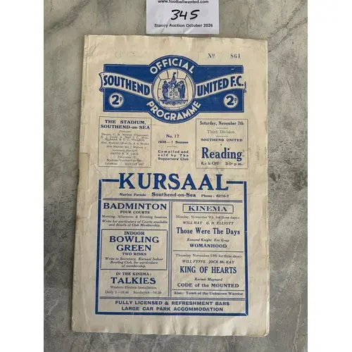36/37 Southend v Reading Football Programme: Fair condition ...