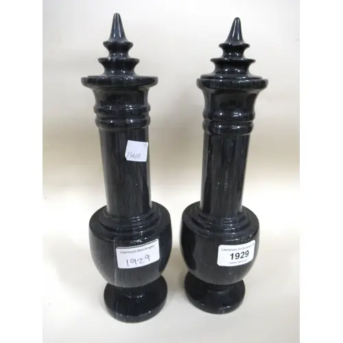 Pair of turned grey marble bottle vases with covers, 26.5cm ...