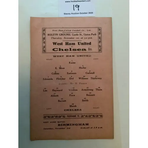 1923 - 1924 West Ham v Chelsea Reserves Football Programme: ...